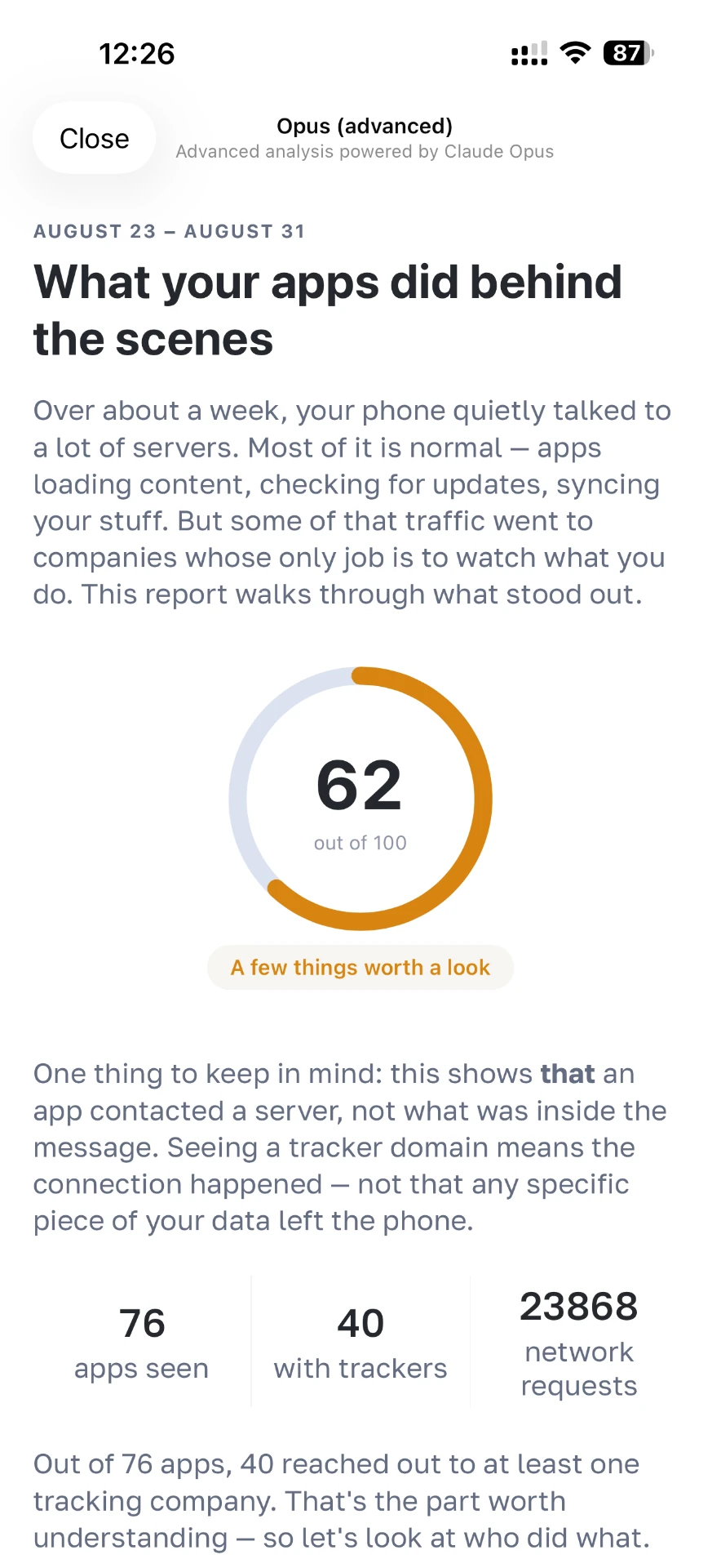 WebSafe privacy report explaining background app activity and tracker connections