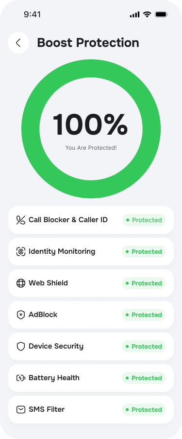 WebSafe Boost Protection screen showing all security layers protected